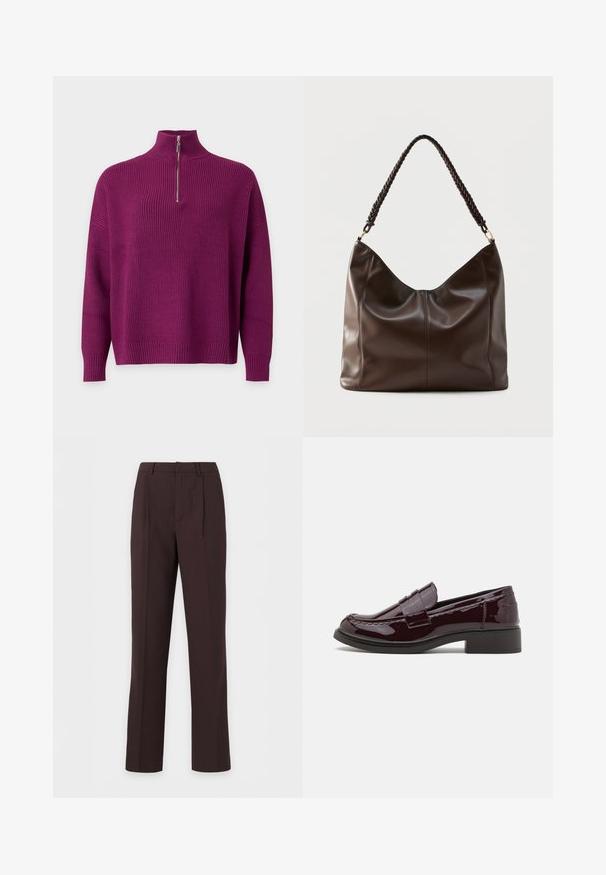 Lilla ribstrikket sweater med lange ærmer og en kort lynlås foran på en høj krave.; Mørkebrune formelle bukser med plisseringer, bæltestropper og lige ben.; Bordeaux patenterede læderslippers med en lav blokhæl, der har traditionel syning og en stropdetalje over forfoden.; Mørkebrun læder skuldertaske med flettet håndtag og synlige sømdetaljer på forsiden.