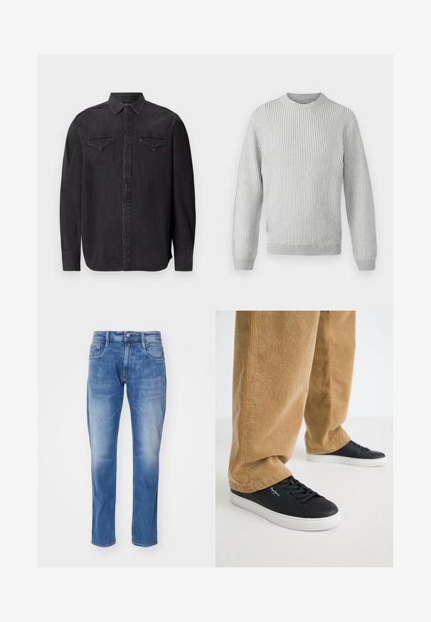 Hellgrauer gerippter Pullover mit rundem Ausschnitt, langen Ärmeln und geradem Saum. Hergestellt aus weichem, strukturiertem Stoff.; Langärmliges schwarzes Jeanshemd mit klassischem Kragen, Druckknopfverschlüssen, zwei Brusttaschen und einem dezenten roten Logodetail.; Hellblaue Jeans aus Denim mit geradem Bein, fünf Taschen, dezentem Verblassen und einem normalen Bund mit Knopfverschluss.; Schwarze Ledersneaker mit weißen Gummisohlen. Getragen mit beigen Cordhosen, die vertikale Rippungen und eine lockere Passform aufweisen.