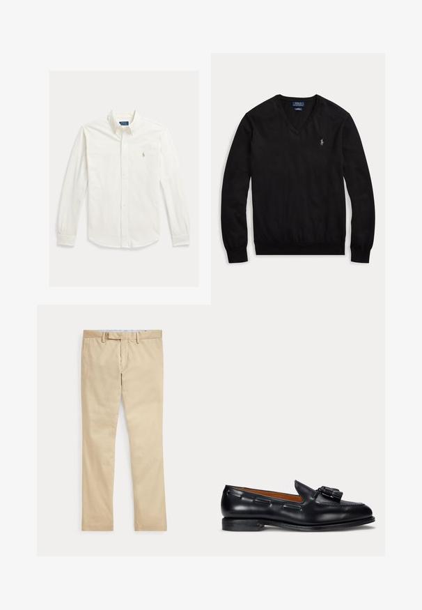 Sort langærmet V-hals sweater med lille hvidt broderet logo på venstre bryst og ribstrikkede manchetter og kant.; Hvid langærmet skjorte med knapper og krave samt Polo Ralph Lauren-logo broderet på venstre bryst.; Beige bukser med lige ben, bæltestropper og frontlynlås, lagt fladt mod en hvid baggrund.; Sort læderloafers med duskedetalje og lav hæl, set fra siden mod en ensfarvet baggrund.