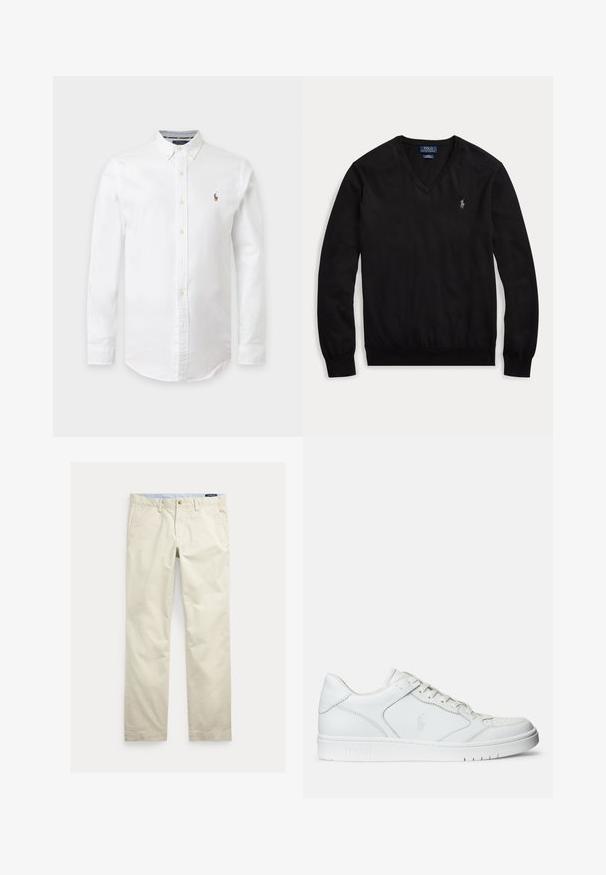 Zwarte trui met lange mouwen en V-hals, met een klein wit geborduurd logo op de linkerborst en geribde boorden en zoom.; Witte blouse met lange mouwen, knopen en een button-down kraag met een klein geborduurd logo op de linkerborst.; Beige katoenen broek met rechte pijpen, riemlussen, voorste knoop, ritssluiting en zijzakken.; Witte leren sneaker met een gladde textuur, voorzien van een geperforeerde neus, vetersluiting en geborduurde logo aan de zijkant. Witte rubberen zool.