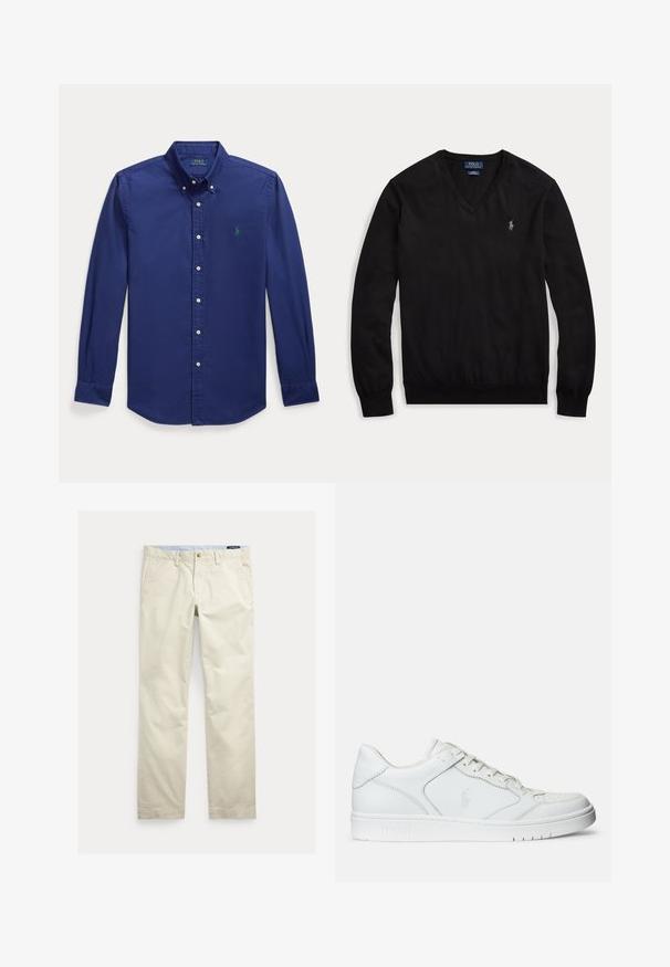 Sort langærmet V-hals sweater med lille hvidt broderet logo på venstre bryst og ribstrikkede manchetter og kant.; Mørkeblå langærmet skjorte med knapper lavet af bomuld. Har en spids krave og et lille grønt broderet logo på venstre bryst.; Beige bomuld straight-leg bukser med bæltestropper, forreste knap, lynlås og sidelommer.; Hvide lædersneakers med en glat tekstur, der har en perforeret tå, snørebåndslukning og broderet logo på siden. Hvid gummisål.