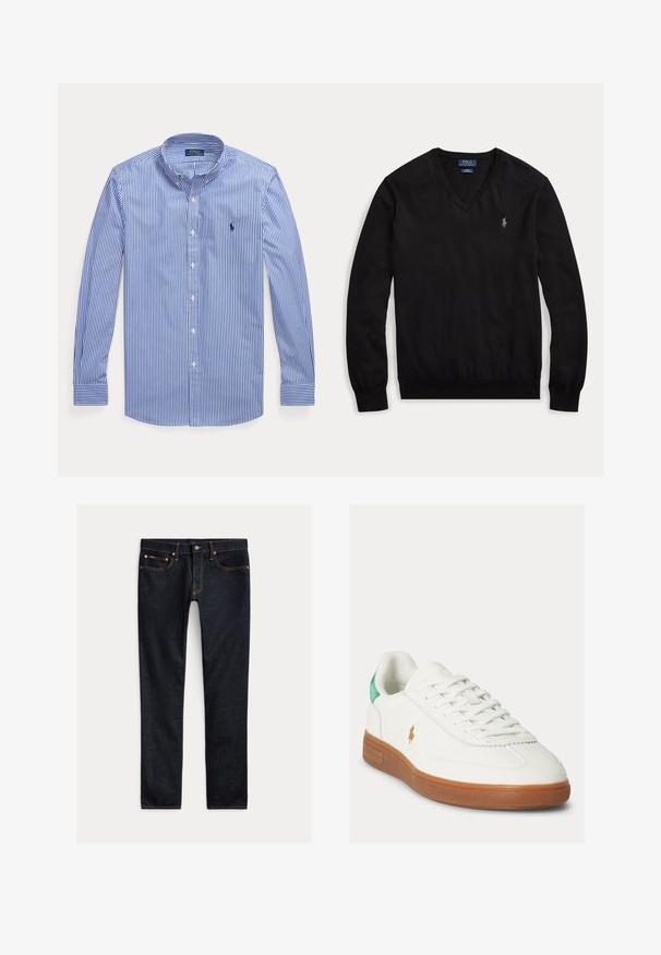 Pull noir à manches longues col en V avec un petit logo blanc brodé sur le côté gauche de la poitrine et des poignets et un ourlet côtelés.; Chemise à manches longues rayée verticale bleu et blanc, à boutons, col boutonné, avec le logo Polo Ralph Lauren sur la poitrine.; Jean slim bleu foncé avec cinq poches, fermeture à boutons et coutures contrastées, posé à plat sur un fond clair.; Baskets blanches à lacets avec semelle en caoutchouc marron, languette de talon verte et petit logo doré de joueur de polo sur le côté extérieur.