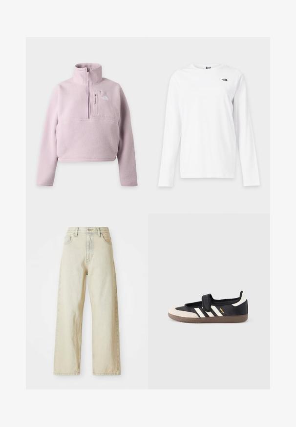 Lyse lilla fleece-pullover med lange ærmer, opretstående krave, kvart lynlås og brystlomme med The North Face-logo.; Hvid langærmet T-shirt med rund hals og lille sort The North Face-logo på venstre bryst.; Løse denimjeans i en lys beige nuance med forlommer, høj talje og subtile syninger. Fremstillet af struktureret denimstof.; Sort og beige sko med velcrolukning, tre hvide striber på siden og en tekstureret brun gummisål. Mærkelogo er synligt.