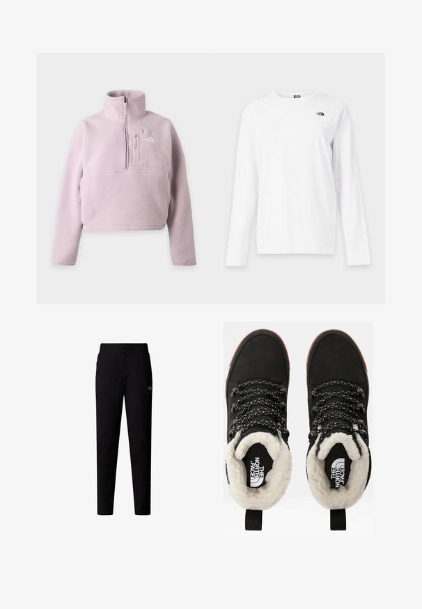 Lichtpaarse fleece trui met lange mouwen, opstaande kraag, kwart rits en borstzak met The North Face-logo.; Wit shirt met lange mouwen en ronde hals met klein zwart The North Face-logo op de linkerborst.; The North Face W QUEST SOFTSHELL PANTS - Broek - tnf black; Zwarte waterdichte enkellaarsjes met een faux fur voering, textuurovereenkomst, wit en zwart gestreepte veters, en een trekhaak bij de hiel.