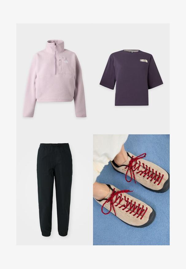 Pull en polaire violet clair avec manches longues, col montant, fermeture éclair quart et poche poitrine avec le logo The North Face.; T-shirt court violet à manches courtes avec un petit logo beige The North Face sur la partie supérieure gauche de la poitrine.; Pantalons fuselés noirs en tissu lisse, dotés d'une taille élastique, d'un cordon de serrage et de poches plaquées sur les côtés. Poignets élastiques aux chevilles.; Des chaussures beiges avec des lacets rouges, posées sur une surface bleue texturée, révèlent partiellement la cheville d'une personne. Les chaussures ont un design sportif.