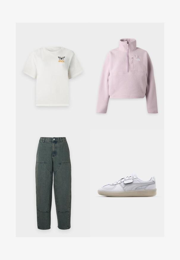 Pull en polaire violet clair avec manches longues, col montant, fermeture éclair quart et poche poitrine avec le logo The North Face.; T-shirt blanc à manches courtes avec un papillon noir et le texte orange "RVCA" sur le haut à gauche de la poitrine.; Pantalons en denim bleu foncé avec une coupe décontractée, comprenant des poches latérales et des coutures contrastées. Le tissu a une texture légèrement délavée.; Baskets blanches en cuir avec des accents gris, fermeture à lacets et semelle en caoutchouc texturée. Présente un logo bien en vue sur le côté.