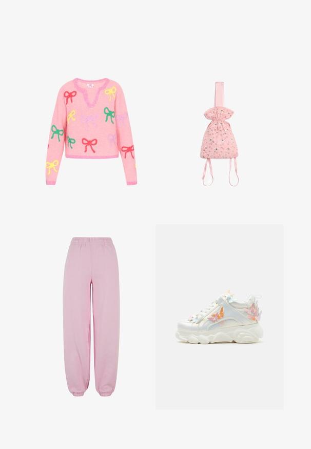 Pink knitted sweater with a V-neck, featuring multi-colored bow appliqués in red, green, yellow, and purple. Cropped design with ribbed cuffs.; Urban Classics Tracksuit bottoms - softpink; White chunky sneaker with thick sole, decorated with pastel pink, orange, and blue butterfly appliques on sides and heel.; Drawstring bag in pink fabric, featuring floral embroidery and shiny accents. Smooth texture with flat straps for carrying.