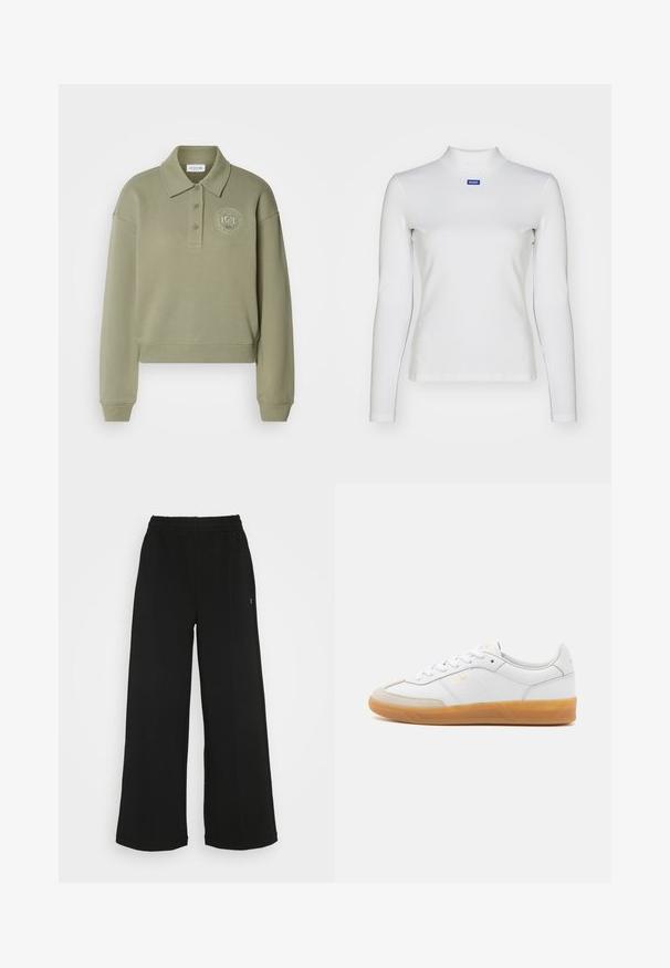 Olijfgroene, cropped polo sweatshirt met lange mouwen, twee knopen en een ronde geborduurde logo op de borst. Zachte stoftextuur.; Witte lange mouw turtleneck top van rekbare stof, met een strakke pasvorm en een klein blauw logo op de borst.; Zwarte wijde broek met een elastische tailleband. Gemaakt van een zachte, lichte stof. Heeft verticale naden aan de voorkant.; Witte leren sneaker met beige suède accenten, gumrubberen zool en vetersluiting. Heeft subtiele branding in goud.