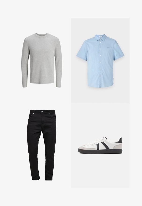 Pull en tricot gris côtelé avec des manches longues et un col rond. Présente une texture douce et une coupe ajustée. Pas de logos ou motifs visibles.; Chemise à manches courtes bleu clair avec des pois blancs, boutonnée sur le devant, col classique et détail de logo subtil sur la poitrine.; Jean noir en tissu denim, design slim fit, style à cinq poches, fermeture à bouton métallique, avec des détails de couture et une texture lisse.; Baskets blanches avec des accents noirs et gris, présentant un embout texturé gris, une semelle en caoutchouc noir et des lacets plats blancs. Design épuré, style minimaliste.