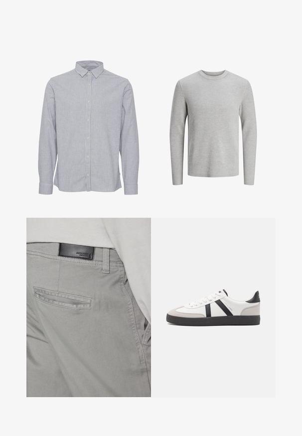 Pull en tricot gris côtelé avec des manches longues et un col rond. Présente une texture douce et une coupe ajustée. Pas de logos ou motifs visibles.; Chemise à rayures bleu et blanc. Dotée d'un col, de manches longues et d'un ourlet droit. Fabriquée en tissu léger avec une texture lisse.; Pantalons gris avec une texture lisse, comportant une poche arrière avec une ouverture horizontale et une petite étiquette en cuir noir près de la taille.; Baskets blanches avec des accents noirs et gris, présentant un embout texturé gris, une semelle en caoutchouc noir et des lacets plats blancs. Design épuré, style minimaliste.
