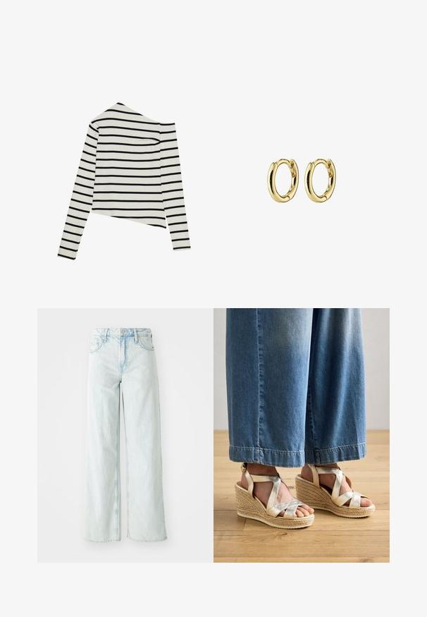 Stribet langærmet top med off-shoulder design, lavet af letvægtsstof. Farver: creme med sorte vandrette striber.; Lysblå, højttalende brede benjeans i denimstof. Har fem lommer og knaplukning. Slidte områder på lårene.; Gul strappy kilehæle sandaler med en vævet jute-bund. Har brede krydsede stropper og et rundt tådesign. Bæres med lyseblå brede jeans.; Guld hoops øreringe med et glat, afrundet design og poleret finish. Hver ørering har en sikker lås og let krumning.