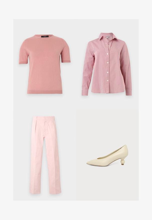 Pull tricoté rose pâle à manches courtes avec col rond et poignets et ourlet côtelés, présenté sur un fond uni clair.; Chemise à manches longues à rayures verticales rouges et blanches, boutonnée, avec col et poignets, présentée à plat sur un fond blanc.; Pantalon rose clair à jambes droites avec plis devant et taille haute, présenté sur un fond blanc uni.; Chaussure femme couleur crème à bout pointu avec un petit talon rond en forme de boule, sur fond uni.
