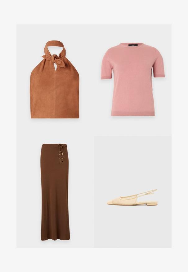 Weiches, rosa Strickpullover mit kurzen Ärmeln, Rundhalsausschnitt sowie gerippten Bündchen und Saum, präsentiert vor einem schlichten hellen Hintergrund.; Halter-Style Tasche aus weichem braunem Wildleder mit einem geknoteten Oberteil und einem Schlüsselloch-Ausschnitt. Hat eine glatte Textur und ein minimalistisches Design.; Langer brauner Rock mit hoher Taille und Schnürdetail mit goldfarbenen Ösen und Anhängern auf der rechten Seite.; Slingback-Ballerina in hellbeige mit einem Netz-Obermaterial, spitz zulaufender Zehenpartie und niedrigem Absatz. Verfügt über einen verstellbaren Riemen für eine optimale Passform.