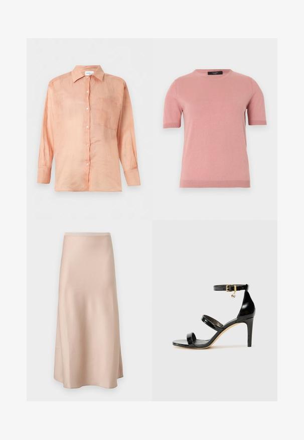 Pull tricoté rose pâle à manches courtes avec col rond et poignets et ourlet côtelés, présenté sur un fond uni clair.; Chemise à manches longues couleur pêche claire avec col et une poche poitrine, présentée sur un fond blanc uni.; Jupe midi en satin beige clair. Elle présente une texture lisse, un léger éclat et une silhouette évasée avec une ceinture douce.; Sandale en cuir verni noir avec trois brides, boucle de cheville et talon aiguille de 10 cm. Présente un détail en métal doré et un charm logo.