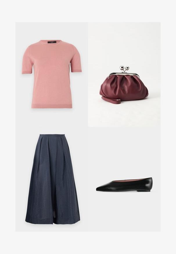 Soft pink short-sleeve knit sweater with crew neck and ribbed cuffs and hem, displayed on a plain light background.; Navy blue midi skirt with high waist, wide flare, and subtle pleats on a plain background.; Black leather women's flat shoe with pointed toe and low heel, shown from side on plain light gray background.; Small burgundy leather clutch purse with silver metal clasp and wrist strap on a white background.
