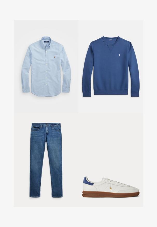 Blauwe crewneck trui gemaakt van zachte stof, met een geribbelde halslijn en manchetten, en een klein wit logo op de linkerborst.; Lichtblauwe overhemd met lange mouwen, gemaakt van katoen, met een klassieke kraag en een klein rood geborduurd logo op de borst.; Blauwe denim jeans met een slim fit, voorzien van voorkantzakken, riemlussen en een knoopsluiting op een witte achtergrond.; Witte lage sneaker met bruine zool, blauwe hieltab, veters en gouden Polo Ralph Lauren-logo aan de zijkant.