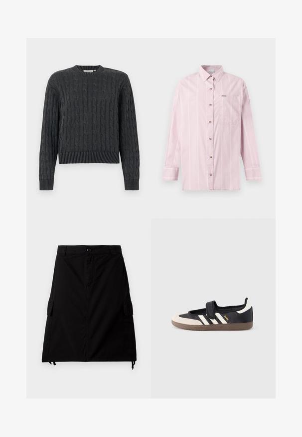 Mørkegrå kabelstrikket sweater med lange ærmer samt ribstrikkede kanter ved ærmer, skørt og rund hals, vist på en ensfarvet baggrund.; Lyserød langærmet skjorte med knapper, med subtile lodrette hvide striber og en brystlomme på en ensfarvet baggrund.; Sort cargo-nederdel lavet af bomuldsblandingsstof med lige snit, med sidelommer, forreste knaplukning og justerbar snor i kanten.; Sort og beige sko med velcrolukning, tre hvide striber på siden og en tekstureret brun gummisål. Mærkelogo er synligt.