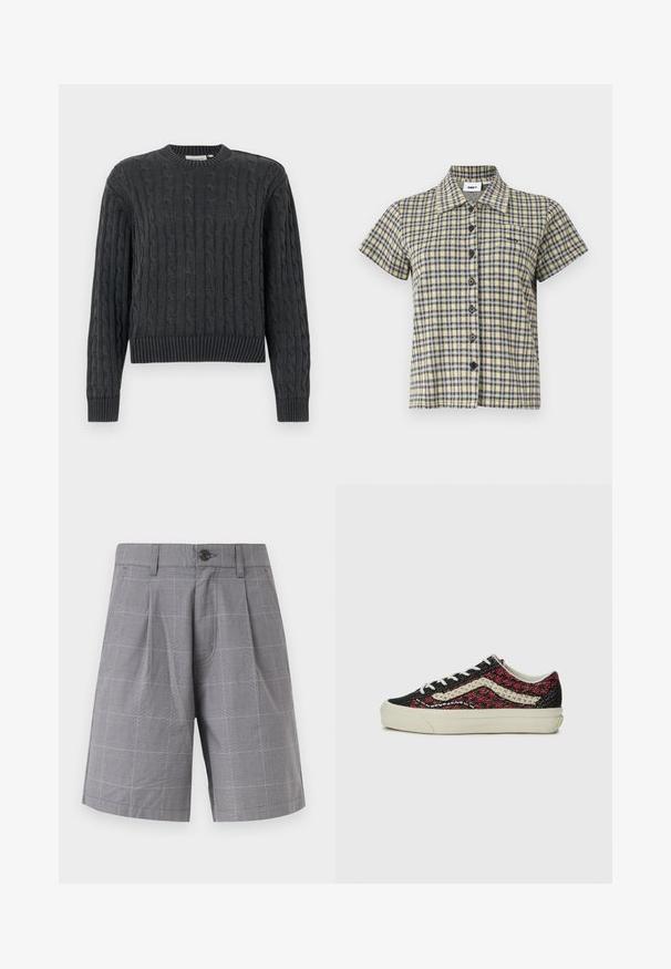 Mørkegrå kabelstrikket sweater med lange ærmer samt ribstrikkede kanter ved ærmer, skørt og rund hals, vist på en ensfarvet baggrund.; Kortærmet skjorte med knapper, gult, sort og hvidt ternet mønster og krave, vist mod en ensfarvet baggrund.; Grå skræddersyede shorts med diskret ternet mønster, forreste læg, bæltestropper, sidelommer og enkelt sort knaplukning.; Vans OLD SKOOL 36 UNISEX - Sneakers - bordeaux