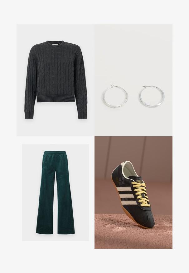 Pull en maille torsadée gris foncé avec manches longues, poignets, ourlet et col rond côtelés, présenté sur un fond uni.; Pantalons larges teal en velours doux, avec une taille élastique et des coutures verticales. Pas de poches visibles.; Chaussure de sport noire avec trois bandes blanches, lacets jaunes et finition texturée. Présente un design courbé et une semelle en caoutchouc.; Boucles d’oreilles créoles en métal argenté avec une surface lisse légèrement incurvée et des fermoirs à clapet sur un fond blanc uni.
