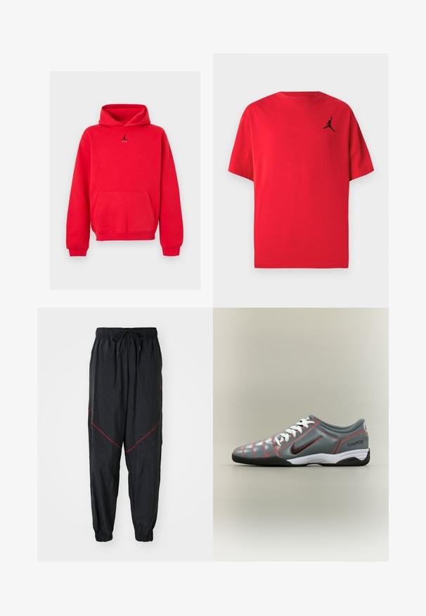 Punane kapuutsiga pusa ees tasku ja must Jumpman Air logo rinnal keskel, esitletud heleda halli taustal.; Punane puuvillane T-särk, millel on lühikesed varrukad ja vasakul rinnal musta siluetti kujutav logo. Ümar kaelus ja mugav lõige.; Mustad mustelõngad, mis on valmistatud kergest kangast, punaste aktsentõmblustega, elastse vöökohtaga ja nööriga, ning elastsete mansettidega.; Hall Nike Total 90 III sisejalats sisetingimusteks, valgete nööpide, musta tallaga, punase õmbluse ja musta Swooshi logoga küljel.