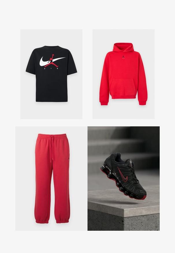 Sweat à capuche rouge avec poche avant et logo Jumpman Air noir centré sur la poitrine, présenté sur fond gris clair.; T-shirt en coton noir à col rond, avec un grand logo Nike swoosh blanc et un logo Jumpman rouge accompagné du texte "AIR" en blanc.; Pantalon de survêtement rouge avec taille élastique, cordon et poignets élastiques, avec un petit logo Jumpman noir sur la cuisse droite.; Chaussure de sport Nike noire et rouge avec une semelle visible en forme de ressort, en équilibre sur le bord d’une marche en béton.
