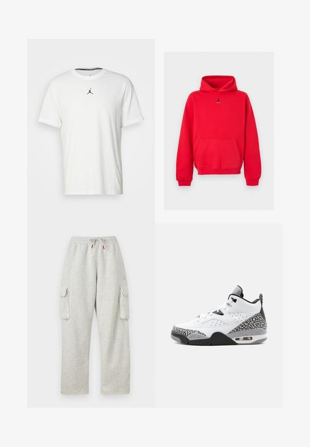 Červená mikina s kapucňou, predným vreckom a čiernym logom Jumpman Air v strede hrudníka, zobrazená na svetlosivom pozadí.; Biely tričko s krátkymi rukávmi vyrobené z bavlny, so siluetou čierneho Jumpman loga na hrudi a okrúhlym výstrihom s čiernou vnútornou etiketou.; Svetlosivé tepláky s elastickým pásom, šnúrkou s červenými koncami a veľkými klopovými vreckami na oboch stehnách.; Bielo-sivá vysoká teniska s čiernymi a slonovinovými detailmi, viditeľnou vzduchovou podrážkou a šnurovacím zapínaním na jednoduchom pozadí.