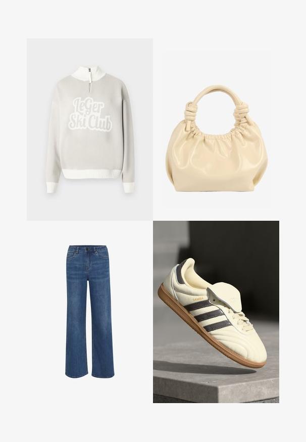 Lysegrå sweater med hvid ribbet kant og krave, med et markant tekstureret "Le Ger Ski Club" design på forsiden. Lynlås halvt åben.; Bredde jeans lavet af medium blå denim. Har en knap- og lynlåslukning, fem lommer og subtil falmning på stoffet.; Cremefarvede lædersneakers med tre mørke striber, en brun gummisål og en afrundet tå. Har en foldbar tunge mærket "SAMBA."; Kremfarvet blød læderhåndtaske med opsamlet top og sammenknyttede dobbelthåndtag på hvid baggrund.