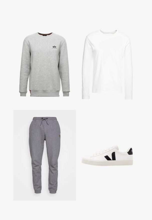 Sudadera gris hecha de una mezcla de algodón texturizado, con un cuello redondo, puños acanalados y un pequeño logotipo negro en el pecho.; Camiseta blanca de manga larga hecha de algodón suave. Cuello redondo con dobladillos rectos y sin patrones ni gráficos visibles.; Pantalones de chándal grises de algodón con cintura elástica, cordones, bolsillos laterales y un pequeño logo amarillo en el muslo. Diseño de pierna estrecha.; Zapatilla de cuero blanca con acentos de ante negro; presenta una suela de goma, puntera redonda y un diseño clásico de cordones. Logo lateral en negro.