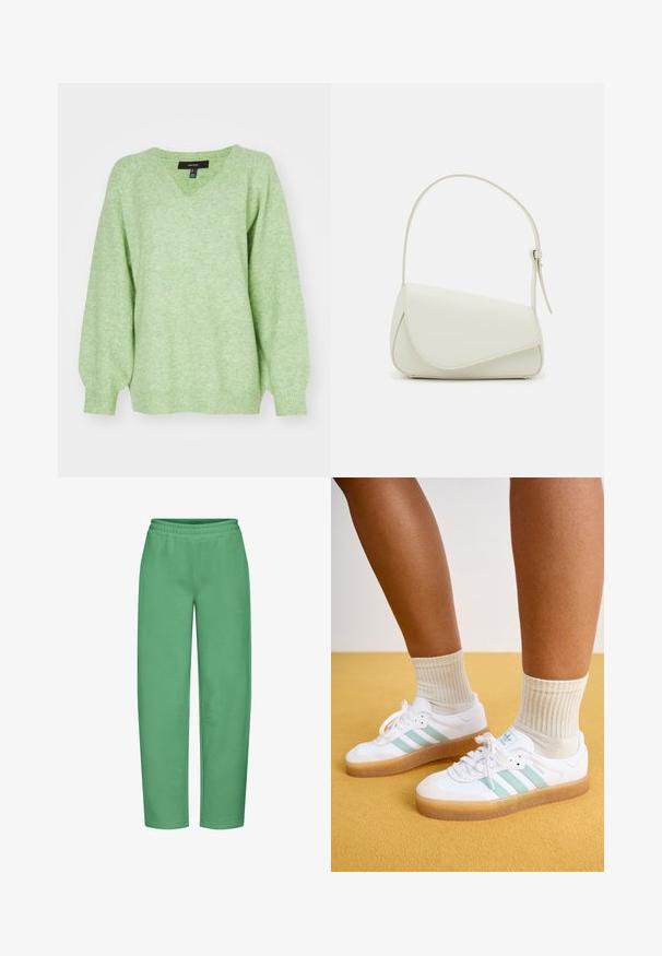 Vero Moda VMLEAF LONG V-NECK - Pullover - forest shade; Pantalon de survêtement vert en tissu mélangé coton, doté d'une taille élastique, de poches latérales et d'une coupe décontractée.; Baskets blanches avec des rayures vert menthe, semelle en caoutchouc et lacets, associées à des chaussettes crème à côtes. Sur fond jaune.; Sac à main en cuir synthétique blanc avec une forme triangulaire structurée, une bandoulière unique réglable et un rabat à courbes accentuées.