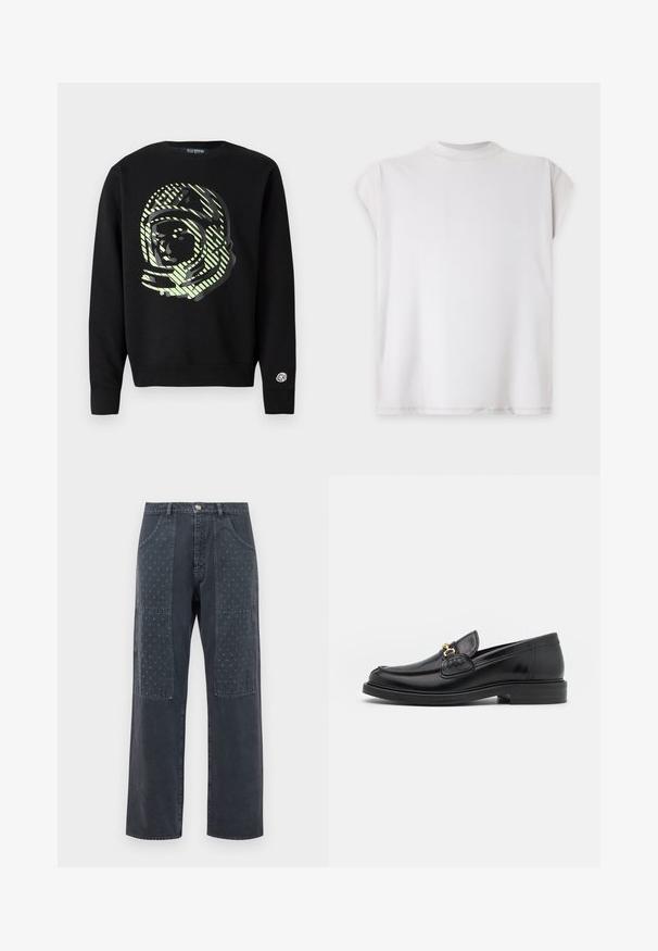 Schwarzer Sweatshirt mit großem Astronauten-Motiv in Hellgrün und diagonalen Streifen. Gerippte Bündchen und Saum, Logo auf dem Ärmel.; Schlichtes weißes Kurzarm-T-Shirt mit rundem Ausschnitt, flach auf hellem Hintergrund dargestellt.; Dunkelgraue Jeans mit weitem Bein, die auf der Vorderseite dekorative Patches mit dezentem floralem Muster und klassischen Taschenverzierungen aufweisen.; Schwarze Lederleter mit einer abgerundeten Zehenpartie, ausgestattet mit goldenen Hardwareakzenten und Stichdetails, auf einer niedrigen, strukturierten Gummisohle.