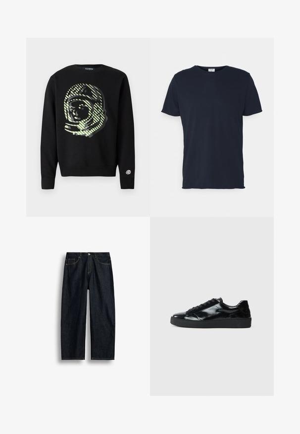 Schwarzer Sweatshirt mit großem Astronauten-Motiv in Hellgrün und diagonalen Streifen. Gerippte Bündchen und Saum, Logo auf dem Ärmel.; Marineblaue Baumwoll-T-Shirt mit Rundhalsausschnitt und kurzen Ärmeln, mit einer glatten Oberfläche und einfachem Design, ohne sichtbare Muster oder Akzente.; Dunkelblaue Jeans mit geradem Bein, gelben Nähten, vorderen Taschen und Knopfverschluss in der Taille.; Schwarze Lackledersneaker mit runder Zehenform, Schnürdesign, strukturiertem Gummisohle und glatter Oberfläche.