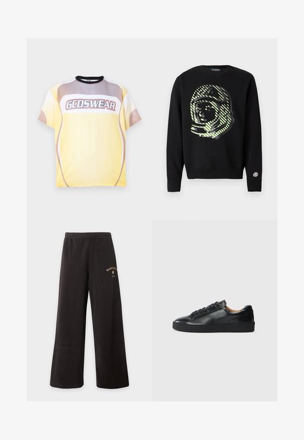 Black sweatshirt featuring a large astronaut graphic in light green, with diagonal stripes. Ribbed cuffs and waistband, logo on sleeve.; Short-sleeve crewneck t-shirt with yellow, beige, and white color blocks and "GCDSWEAR" logo across the chest.; Black wide-leg pants with elastic waistband and small gold "Margiela 6" logo on upper left thigh.; Black leather sneaker with a smooth texture, round toe, and lace-up closure. Features a thick rubber sole and minimal branding detail.