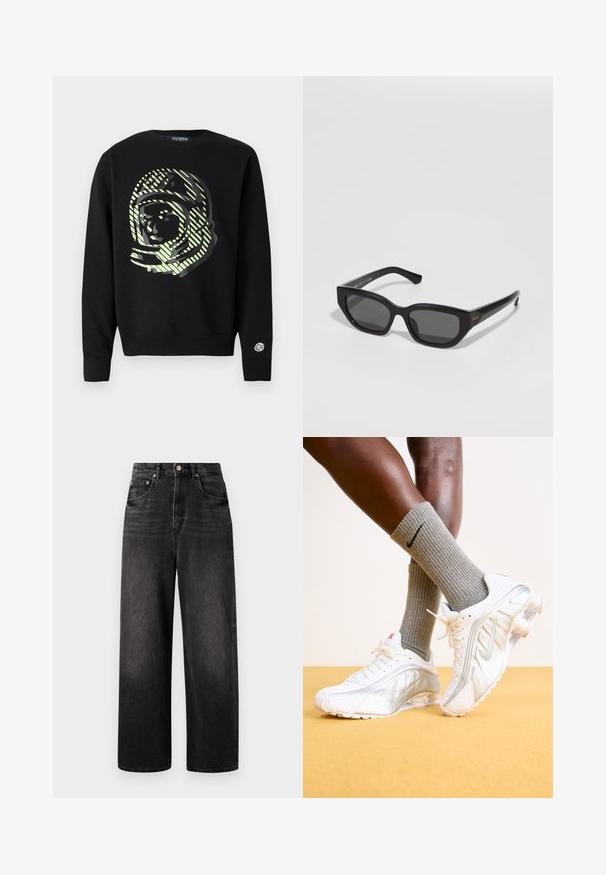 Sort sweatshirt med stort astronautgrafik i lysegrøn med diagonale striber. Ribstrikkede ærmekanter og elastik i taljen, logo på ærmet.; Sorte denim jeans med løstsiddende pasform, høj talje, fem lommer og synlig knaplukning. Har diskret falmning og lige ben design.; Nike sneakers i hvid med sølv accenter, der har teksturerede paneler og perforeringer. Sammen med grå ribbede sokker, sat mod en gul baggrund.; Sorte rektangulære solbriller med mørke linser, tykke plastikrammer, front med kantede kanter og let glansfinish. Guldaccent på hængslet.