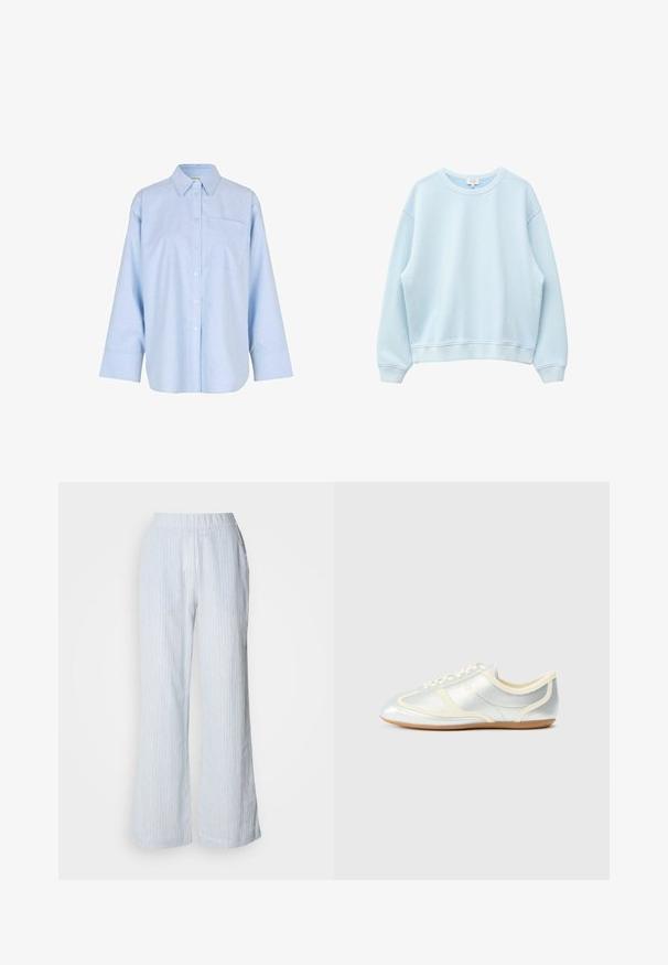 Hellblaues Sweatshirt mit langen Ärmeln, Rundhalsausschnitt und gerippten Bündchen an Ärmeln und Saum, auf weißem Hintergrund dargestellt.; Helles blaues, langärmliges Hemd mit Knopfleiste aus einem weichen, leichten Stoff. Verfügt über eine Brusttasche und ein klassisches Kragen-Design.; Hellblaue weite Hose mit vertikalen weißen und roten Streifen. Verfügt über einen elastischen Taillenbund und Seitentaschen. Sanfte, baumwollähnliche Textur.; Silberne, synthetische Sneaker mit cremefarbenen Akzenten, flachem Profil, rundem Zehenbereich und flacher Gummisohle; verfügt über klassische Nahtdetails und Schnürverschluss.