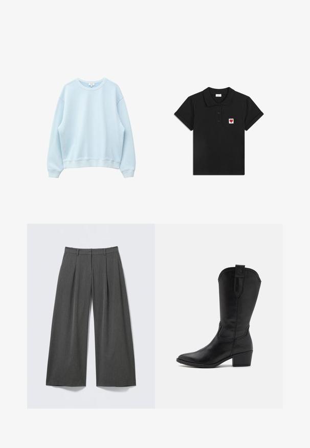 Hellblaues Sweatshirt mit langen Ärmeln, Rundhalsausschnitt und gerippten Bündchen an Ärmeln und Saum, auf weißem Hintergrund dargestellt.; Schwarzes Polo-Shirt aus Baumwolle, mit einem roten Herz-Patch auf einem weißen Hintergrund. Kurze Ärmel, klassischer Kragen und Knopfverschluss.; Graue Hosen mit weitem Bein aus einem strukturierten Stoff mit vertikalen Streifen. Verfügt über Falten an der Vorderseite und einen normalen Bund.; Schwarze Leder-Cowboystiefel mit spitzem Zehenbereich, Knöchelhöhe und einem gestapelten Absatz. Haben dekorative Stickereien und eine Zugschlaufe.