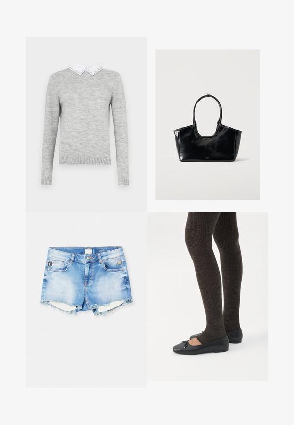 Pull gris à manches longues, avec un col blanc orné de clous décoratifs. Fabriqué dans un tissu doux et texturé.; Short en denim bleu clair avec ourlet effiloché, design à cinq poches et accents en métal argenté sur la taille avant et les poches.; Jambes portant des leggings côtelés foncés associés à des ballerines noires avec de petits détails en nœud sur fond blanc.; Sac à main en cuir noir brillant avec une grande poignée ovale et un logo subtil à l'avant sur un fond clair uni.