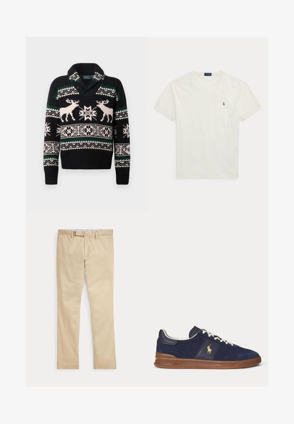 Sort strikket sweater med hvide og grønne nordiske mønstre, der har to hvide ren og geometriske snefnugdesign på brystet og ærmerne.; Hvid kortærmet bomulds-T-shirt med rund hals, lille Polo Ralph Lauren broderet logo på venstre bryst.; Beige bukser med lige ben, bæltestropper og frontlynlås, lagt fladt mod en hvid baggrund.; Mørkeblå lavtopsneaker med hvide snørebånd, brun sål og Polo-spiller logo på siden, set fra venstre.