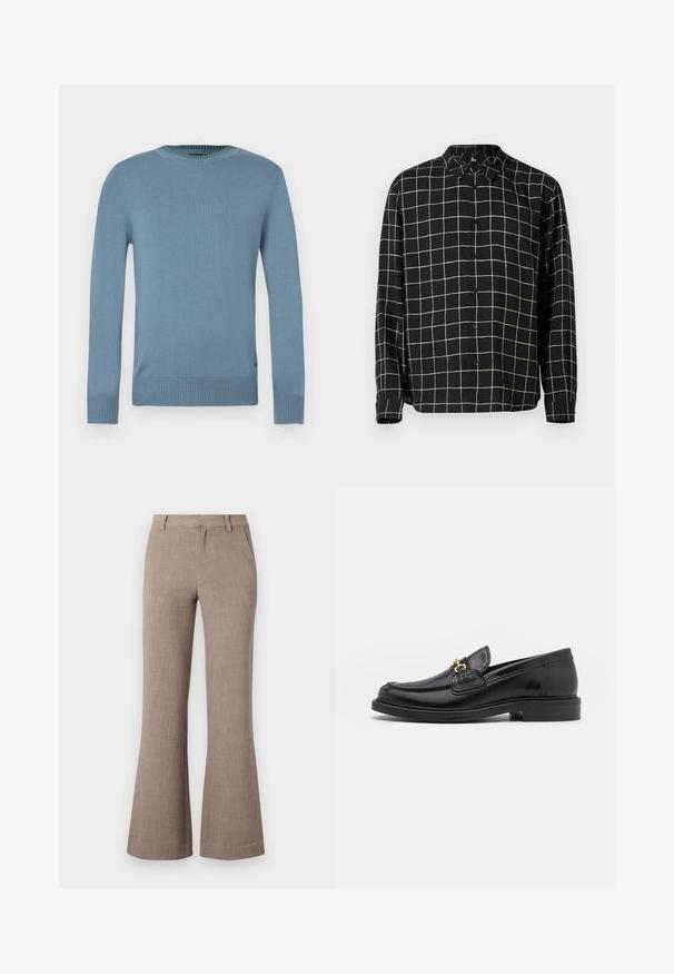 Lyseblå sweater lavet af glat strikket stof med lange ærmer, ribkant ved halsudskæringen og kant. Har et enkelt design uden mønstre.; Sort langærmet skjorte med et ternet mønster i beige. Har knaplukning foran og klassisk krave. Glat tekstur, minimalistisk design.; Beige flagrende bukser lavet af et tekstureret stof, med lynlåslukning og sidelommer for funktionalitet. Skræddersyet design.; Sorte læder loafers med en rund tå, der har guld hardware accent og syningsdetaljer, placeret på en lav, tekstureret gummisål.
