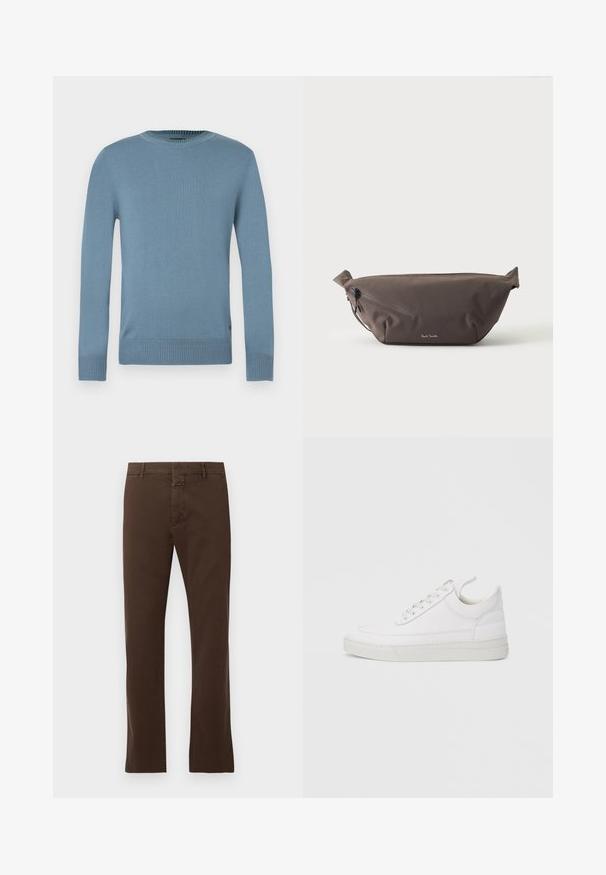 Pull bleu clair en tissu maille lisse avec manches longues, col et bord inférieur côtelés. Présente un design simple sans motifs.; CLOSED CLIFTON TRUE - Chino - espresso brown; Baskets en cuir blanc avec un embout arrondi, une semelle plate et un laçage à l'avant. Présentent des détails de couture et un col rembourré pour plus de confort.; Sac banane en tissu marron foncé avec poche zippée en diagonale et petit logo blanc sur le devant, sur un fond clair uni.