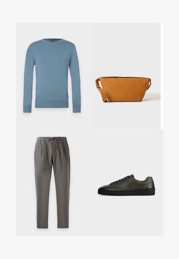 Pull bleu clair en tissu maille lisse avec manches longues, col et bord inférieur côtelés. Présente un design simple sans motifs.; Pantalons en coton gris avec une taille élastique et un cordon de serrage. Ils disposent de poches latérales et d'une coupe décontractée, se resserrant aux chevilles.; Basket basse en cuir gris foncé avec lacets et semelle noirs, design minimaliste, profil latéral sur un fond clair uni.; Sac bandoulière en cuir marron clair avec sangle réglable et fermeture éclair, présenté sur un fond clair uni.