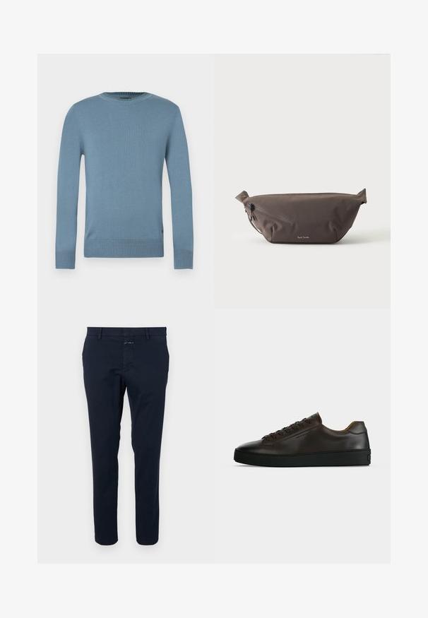 Lichtblauwe trui van glad gebreide stof met lange mouwen, geribde halslijn en zoom. Heeft een eenvoudig ontwerp zonder patronen.; Marineblauwe katoenen chinos met een slim fit, rechte voorkant en een ritsgulp. Voorzien van zijzakken en een achterzak met een klein merketiket.; Low-profile donkerbruine leren sneaker met zwarte rubberen zool, veters aan de voorkant en een strak minimalistisch design op een lichte achtergrond.; Donkerbruine stoffen heuptas met diagonale ritssluiting en klein wit logo aan de voorkant, tegen een effen lichte achtergrond.