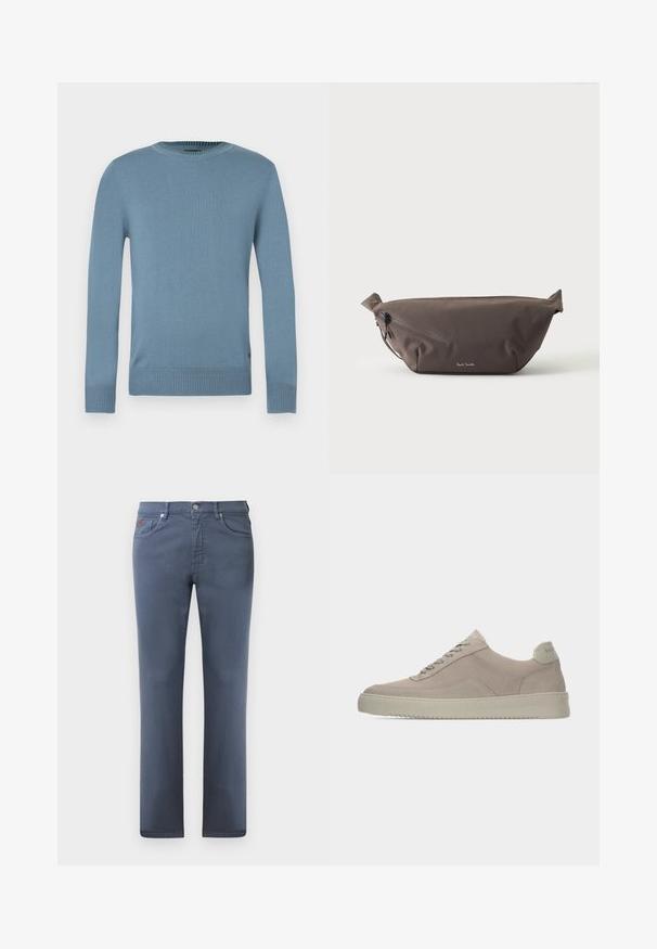 Hellblauer Pullover aus glatt gestricktem Stoff mit langen Ärmeln, geripptem Halsausschnitt und Saum. Verfügt über ein schlichtes Design ohne Muster.; Graue Denim-Jeans mit geradem Schnitt, fünf Taschen und einem Metallknopfverschluss. Verfügt über dezente Nähte und ein kleines Logodetail.; Beige Wildledersneaker mit strukturierter Oberfläche, abgerundeter Zehenpartie und tonalen Schnürsenkeln. Verfügt über eine dicke Gummisohle und dezente Markenkennzeichnung an der Ferse.; Dunkelbraune Stoff-Gürteltasche mit diagonalem Reißverschlussfach und kleinem weißen Logo vorne, vor einem einfarbigen hellen Hintergrund.