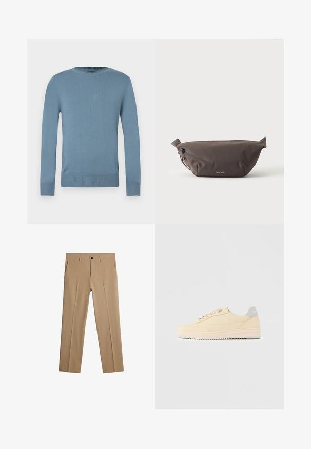 Lichtblauwe trui van glad gebreide stof met lange mouwen, geribde halslijn en zoom. Heeft een eenvoudig ontwerp zonder patronen.; Beige broeken van textuurstof met een ontspannen pasvorm. Voorzien van een voorste knoopsluiting, zijzakken en geen zichtbare patronen.; Beige lage sneaker met veters aan de voorkant, lichtroze zool en een grijze hieltab met het merk "Filling Pieces", zijaanzicht op een effen achtergrond.; Donkerbruine stoffen heuptas met diagonale ritssluiting en klein wit logo aan de voorkant, tegen een effen lichte achtergrond.