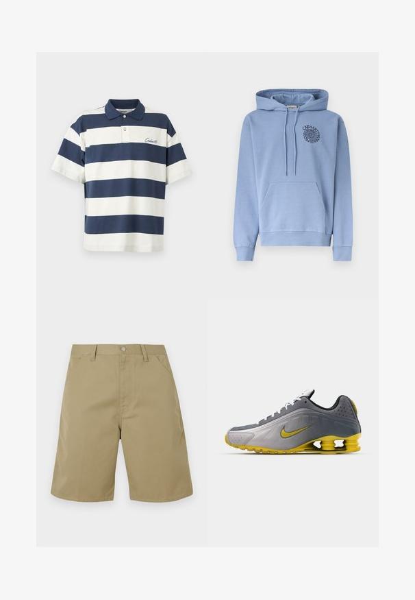 Sweat à capuche bleu clair avec poche frontale et logo texte en spirale sur la poitrine gauche indiquant "Carhartt WIP Progress Since 1989."; Polo à manches courtes à rayures horizontales bleu marine et blanc, avec col et patte de boutonnage à deux boutons, arborant un petit nom de marque brodé sur la poitrine.; Shorts beige en tissu à texture lisse, avec un devant plat, des passants pour ceinture et des poches latérales ; coupe droite pour les jambes.; Nike Sportswear SHOX R4 SE UNISEX - Baskets basses - vast grey/bright citron/light graphite/smoke grey/white/black