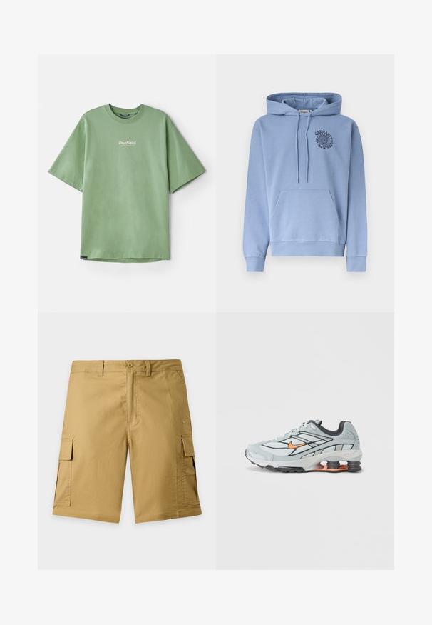 Sweat à capuche bleu clair avec poche frontale et logo texte en spirale sur la poitrine gauche indiquant "Carhartt WIP Progress Since 1989."; T-shirt vert à manches courtes en coton, avec un col rond et un petit logo blanc sur la poitrine. Texture lisse, coupe décontractée.; Short cargo kaki avec bouton sur le devant, passants de ceinture, poches latérales à rabat et logo discret de la marque sur la poche droite de la jambe.; Chaussure de course gris clair avec accents noirs, logo orange, tige en mesh, col rembourré et semelle en caoutchouc avec unités d'absorption des chocs visibles.