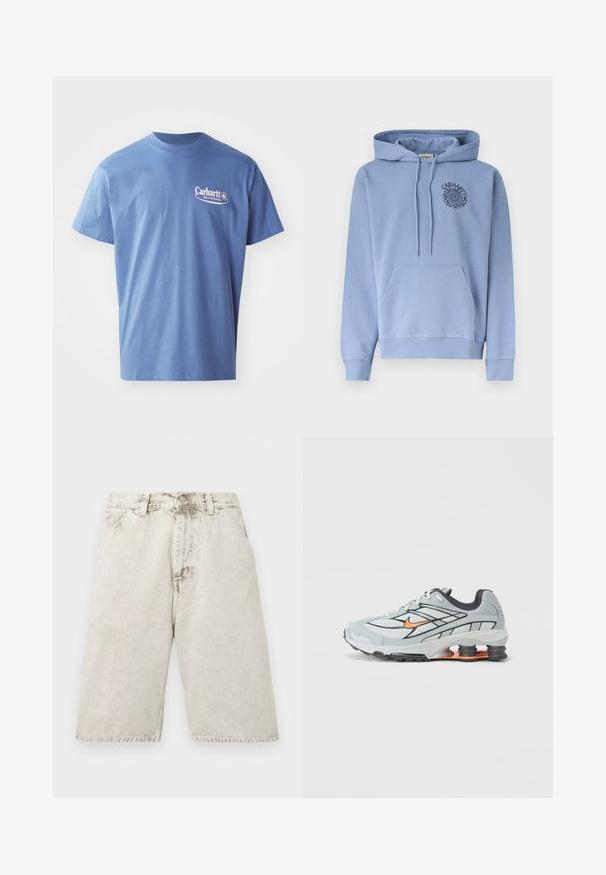 hele hele sinine pullover-tuuletõrje kapuutsiga ees tasku ja vasakul rinnal spiraalsel teksti logol, millel on kirjas "Carhartt WIP Progress Since 1989".; Sinine puuvillane t-särk ümarate kaelustega, lühikeste varrukatega ja roosa Carhartt'i logo vasakul rinnal. Sile tekstuur, iga päev kasutamiseks sobiv disain.; Heledad helehallid pleekinud teksapüksid ees taskute, vööaasade ja nööpkinnitusega, näidatud lamades valgel taustal.; Helehall jooksujalats mustade aksentide, oranži logoga, võrkkattega pealosa, pehmendatud krae ja kummist tallaga, millel on nähtavad lööke neelavad elemendid.