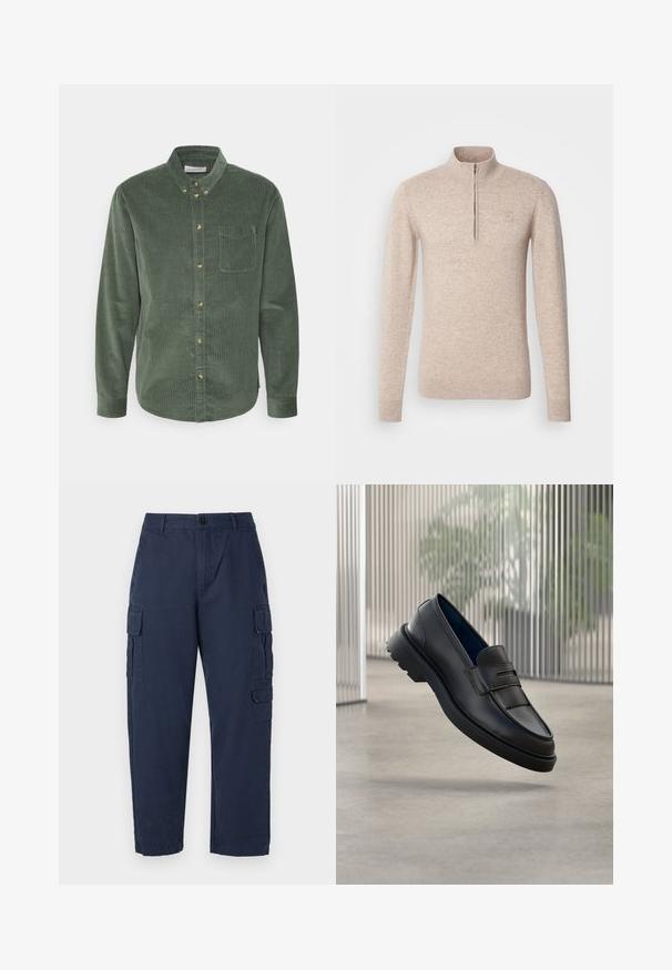 INDICODE JEANS Pullover - beige mix; Chemise boutonnée en velours côtelé vert, à manches longues, avec un col, une poche avant et des boutons dorés. Elle présente un tissu texturé et un ourlet incurvé.; Pantalons cargo navy en coton. Caractéristiques : deux poches latérales, fermeture à bouton et design droit. Texture lisse et coupe décontractée.; Mocassins noirs en cuir à finition lisse, avec une bride décorative et un panneau texturé à l'avant, ainsi qu'une semelle en caoutchouc texturée.