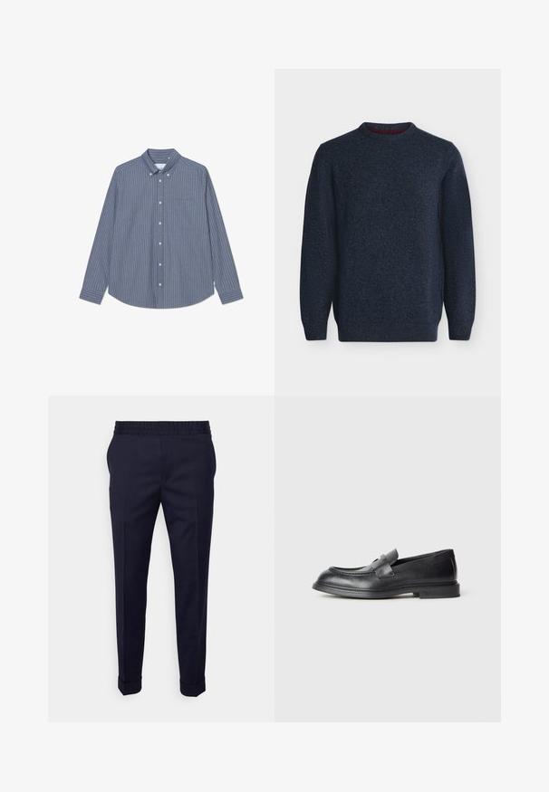 Pull en maille bleu foncé à manches longues avec col rond et poignets et taille côtelés sur fond neutre.; Chemise à boutons bleu et gris à rayures verticales, à manches longues, avec col, une poche poitrine, fabriquée en tissu doux avec une texture lisse.; Pantalons bleu marine avec une texture lisse, dotés d'une taille élastique et de poignets retroussés, conçus dans une coupe fuselée avec des poches latérales.; Mocassins en cuir noir avec une finition texturée, dotés d'une bride décorative à l'avant et d'un bout arrondi. Semelle en caoutchouc pour plus de durabilité.