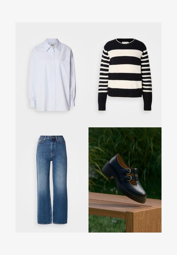 Marineblauwe en crèmekleurige gestreepte trui met een ronde hals, voorzien van een dikke horizontale patroon en dunne verticale strepen op de mouwen.; Lichtblauw button-up shirt van katoen. Heeft een puntige kraag, lange mouwen en een enkele borstzak. Zachte textuur.; Hoge taille, wijde blauwe denim jeans met een gradient wassing, koperen stiksels, een knoopsluiting aan de voorkant en vijf zakken.; Zwarte leren schoen met dubbele gesp en geperforeerde details die boven een houten bankje buiten zweeft met groen gras en planten op de achtergrond.