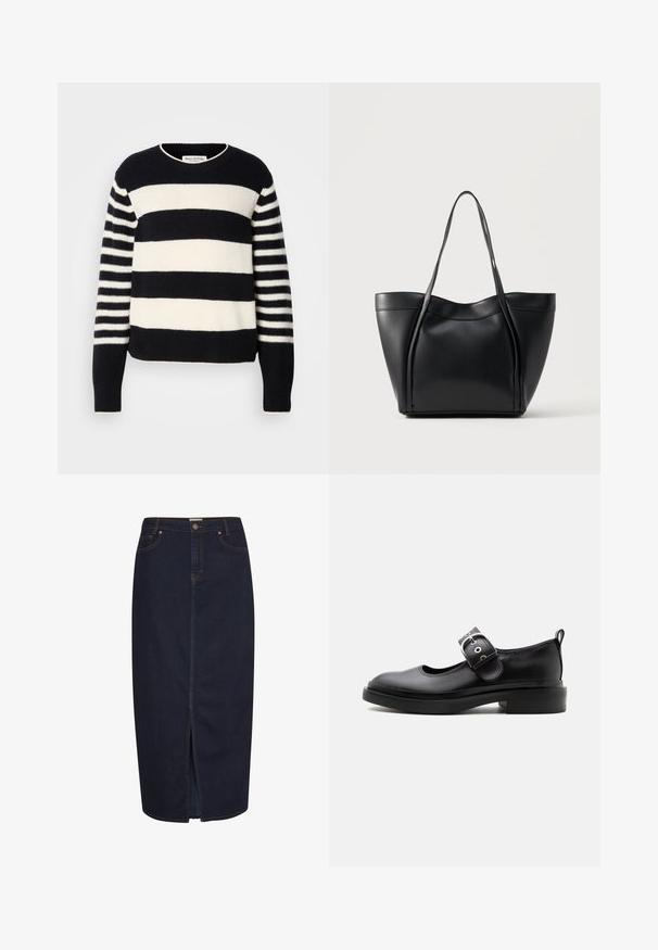Marineblå og cremefarvet stribet sweater med rund hals, der har et tykt vandret mønster og tynde lodrette striber på ærmerne.; Mørk denim maxi-nederdel med en frontslids. Har orange syninger og et klassisk fem-lomme design. Knaplukning i taljen.; Sort læder Mary Jane-sko med tyk sål, rundet tå, sølvspænde og trækflig bagpå.; Sort lædertaske med to lange håndtag og en let buet topkant, vist mod en ensfarvet lys baggrund.